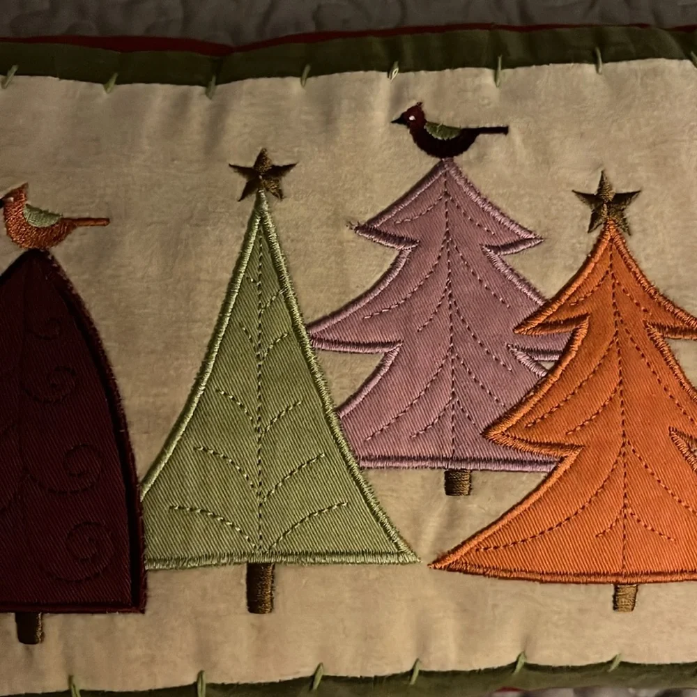 VTG CORDUROY Christmas Pillow with Xmas Tress and Birds